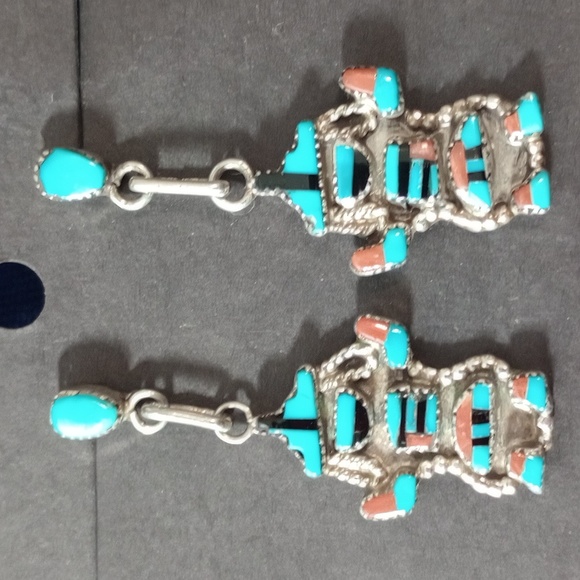 Native American Zuni Sterling Silver Inlay Kachina Turquoise Coral Stud Earrings - Picture 3 of 14